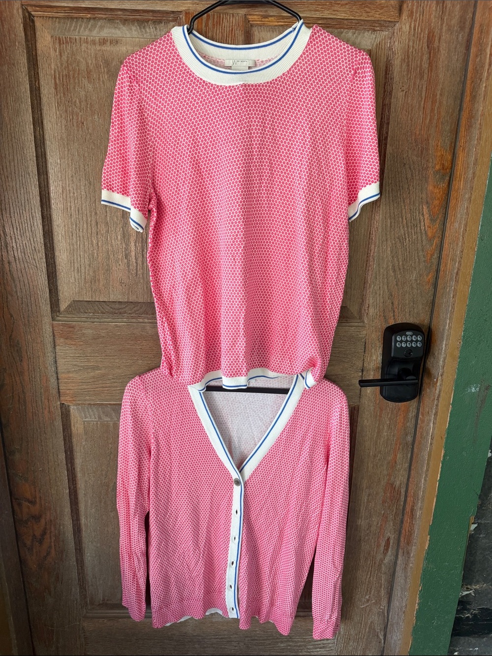 W by Worth Pink Honeycomb Cardigan with Cream & Blue Trim